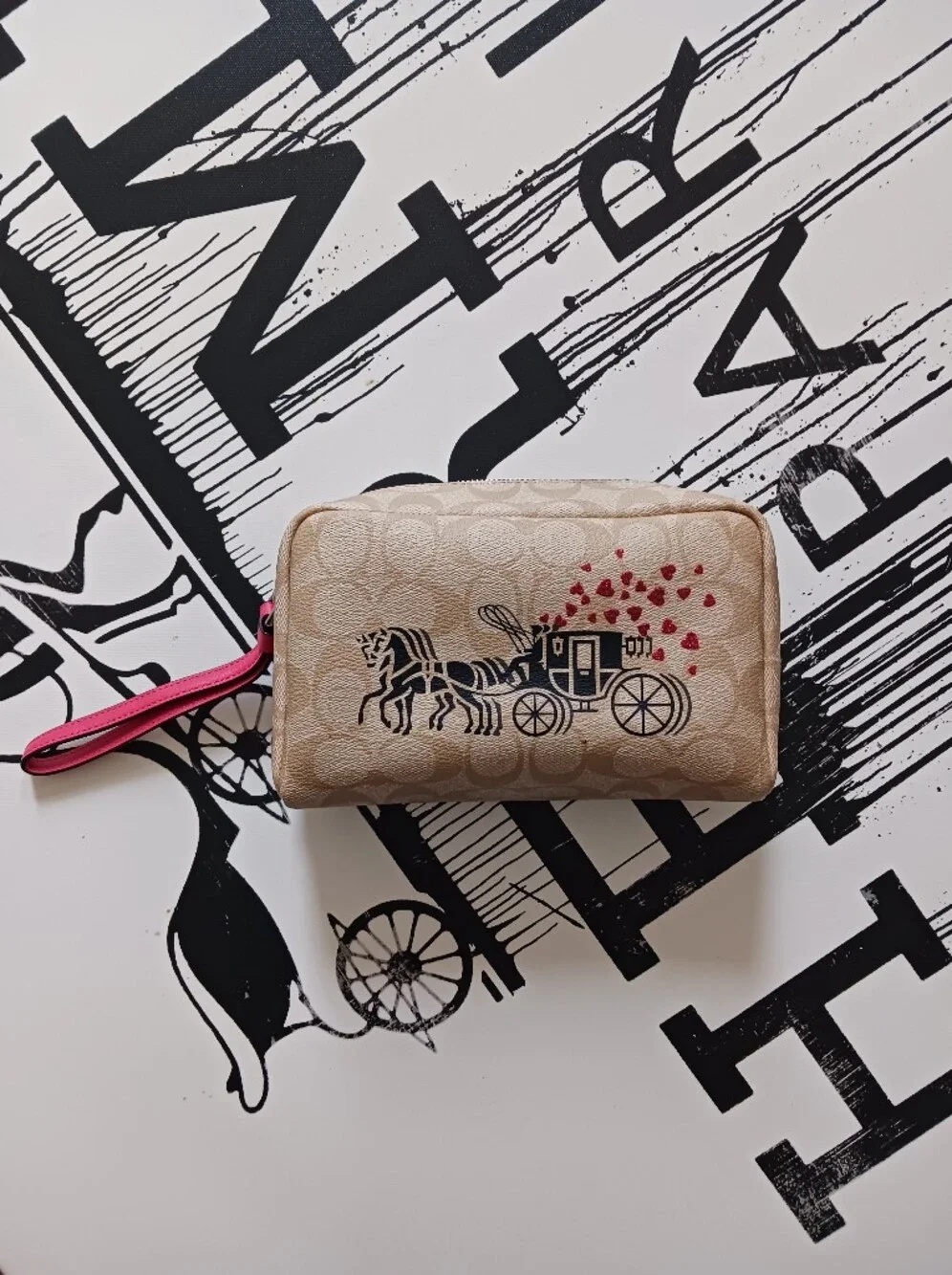 Coach Boxy Beige Signature Carriage Wristlet with Pink Strap and Red Heart